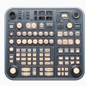 May include: A silver-coloured control panel with a variety of buttons and knobs. The panel has a futuristic design with a grid of buttons and a digital display.