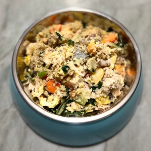 Salmon meal, Gourmet dog food,  Dog food topper, unprocessed dog food, premium dog food, freshly cooked dog food, organic pet food