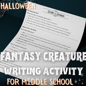Puede incluir: Una hoja de trabajo con temática de Halloween titulada "Crea una criatura" para estudiantes de secundaria. La hoja de trabajo incluye indicaciones sobre el tamaño, el tipo de cuerpo y el movimiento de la criatura. El texto es blanco sobre un fondo oscuro.