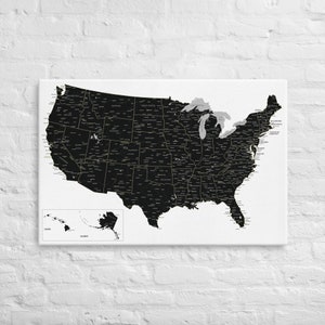 Vos voyages, à votre façon : Voyagez avec nous – Carte des États-Unis en tableau (100 x 70 cm ou 60 x 40 cm) en noir et blanc moderne ou en couleur de votre choix !
