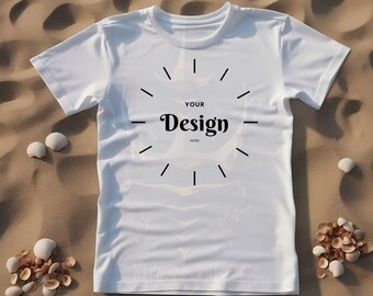 White Shirt Mockup, All White Shirt, T-shirt Mockup, T-Shirt on Beach, Customize, Blank Shirt, Shirt Mockup, Beach Sand and Seashells