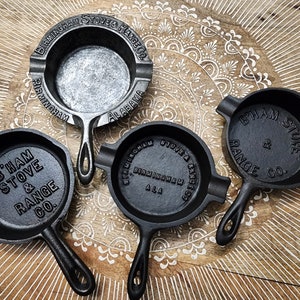 BSR ashtrays, spoon rests, and minis-set of 4-Cast Iron by Birmingham Stove & Range- Collector&#39;s set. Advertising skillets.