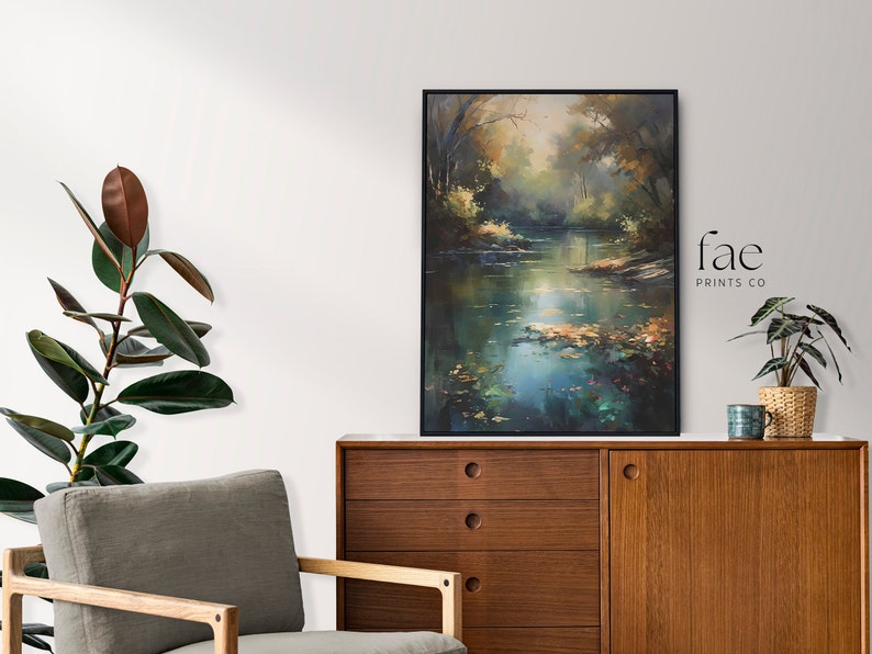 Printable Watercolor Lake Painting Vintage Landscape Art Print Blue