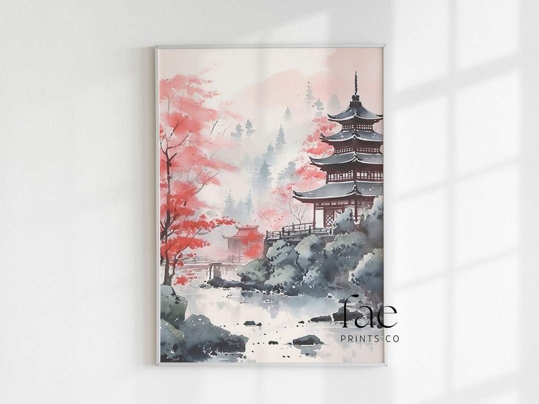 Printable Landscape Art Japanese Castle Cherry Blossom Wall Print Watercolor Landscape Digital