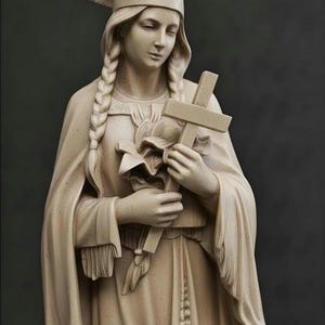 May include: A stone beige statue of a figure wearing a headband with two feathers, long braided hair, and a fringed garment. The figure holds a wooden cross and a cluster of lilies in their hands. The text Stone Beige appears at the top left.