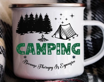 Camping, Because Therapy is Expensive, Enamel 12ox Camping Coffee mug, Ideal for your next outdoor adventure