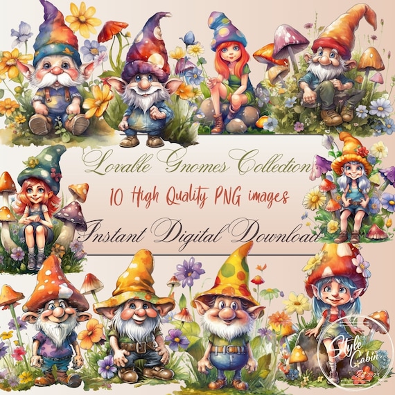 Watercolor Clipart Lovable Gnomes Collection, PNG Clipart Instant Download, Commercial Use License, Cute Gnome Clipart 10 images 300dpi