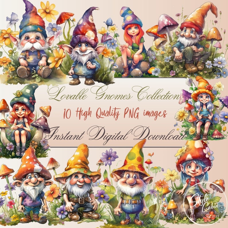 May include: Watercolor illustration of a collection of gnomes in a garden setting. The image features various gnomes with colorful hats and clothing, surrounded by flowers and mushrooms. Text reads "Lovable Gnomes Collection" and "10 High Quality PNG images".