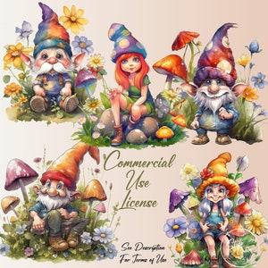 May include: Watercolor illustration featuring several garden gnomes with colorful hats and outfits, surrounded by flowers and mushrooms. The image includes the text "Commercial Use License" and "See Description For Terms of Use".