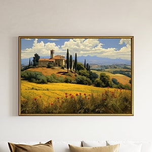 K&ouml;nnte beinhalten: Ein gerahmtes Gem&auml;lde einer Landschaft mit einer kleinen Kirche, gr&uuml;nen B&auml;umen und einem Feld mit gelben Blumen. Das Gem&auml;lde ist vor einem blauen Himmel mit wei&szlig;en Wolken platziert.