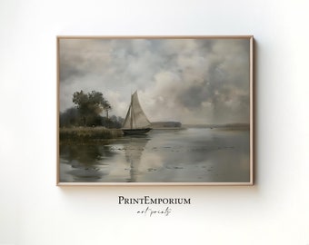 Antike Segelboot Kunstdruck | Vintage Seelandschaft Gemälde | Serene Wasserszene Wandkunst | Klassisches Nautisches Dekor DRUCKBARE DOWNLOAD