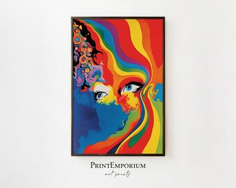 60s Psychedelic Woman Painting, 1960s Art Style, Pop Art Wall Decor, Rainbow Art, Trippy Art Print, Retro Wall Art, Psychedelic Poster