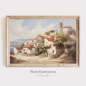 PRINTABLE Greek Village Print | Rustic European Landscape Painting | Vintage Coastal Wall Art | Country Farmhouse Decor | Digital Download
