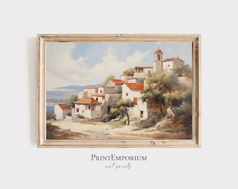 PRINTABLE Greek Village Print | Rustic European Landscape Painting | Vintage Coastal Wall Art | Country Farmhouse Decor | Digital Download