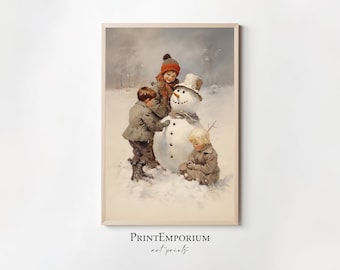 Vintage Christmas Snowman Painting, Printable Xmas Wall Art, Rustic Christmas Art, Vintage Xmas Holiday Art, Xmas Snowman Festive Painting