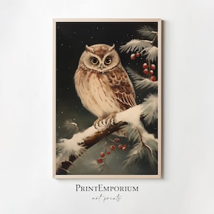 Christmas Wall Decor Owl Painting, Printable Vintage Christmas Wall Art, Festive Holiday Art, Rustic Christmas Art, Xmas Wall Decor Print