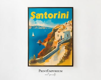 Retro Santorini Greece Travel Poster | Vintage Travel Art | Mediterranean Coastal Print | Blue Sea Wall Decor | PRINTABLE Large Poster