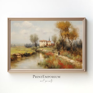 Vintage European Villa Landscape Painting | Classic Italian Countryside Print | Printable Rustic Wall Decor | Instant Download Art