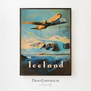 Iceland Vintage Travel Poster | Retro Airplane Print | Mid-Century Iceland Wall Art | Scenic Nordic Landscape Art | Printable Travel Decor