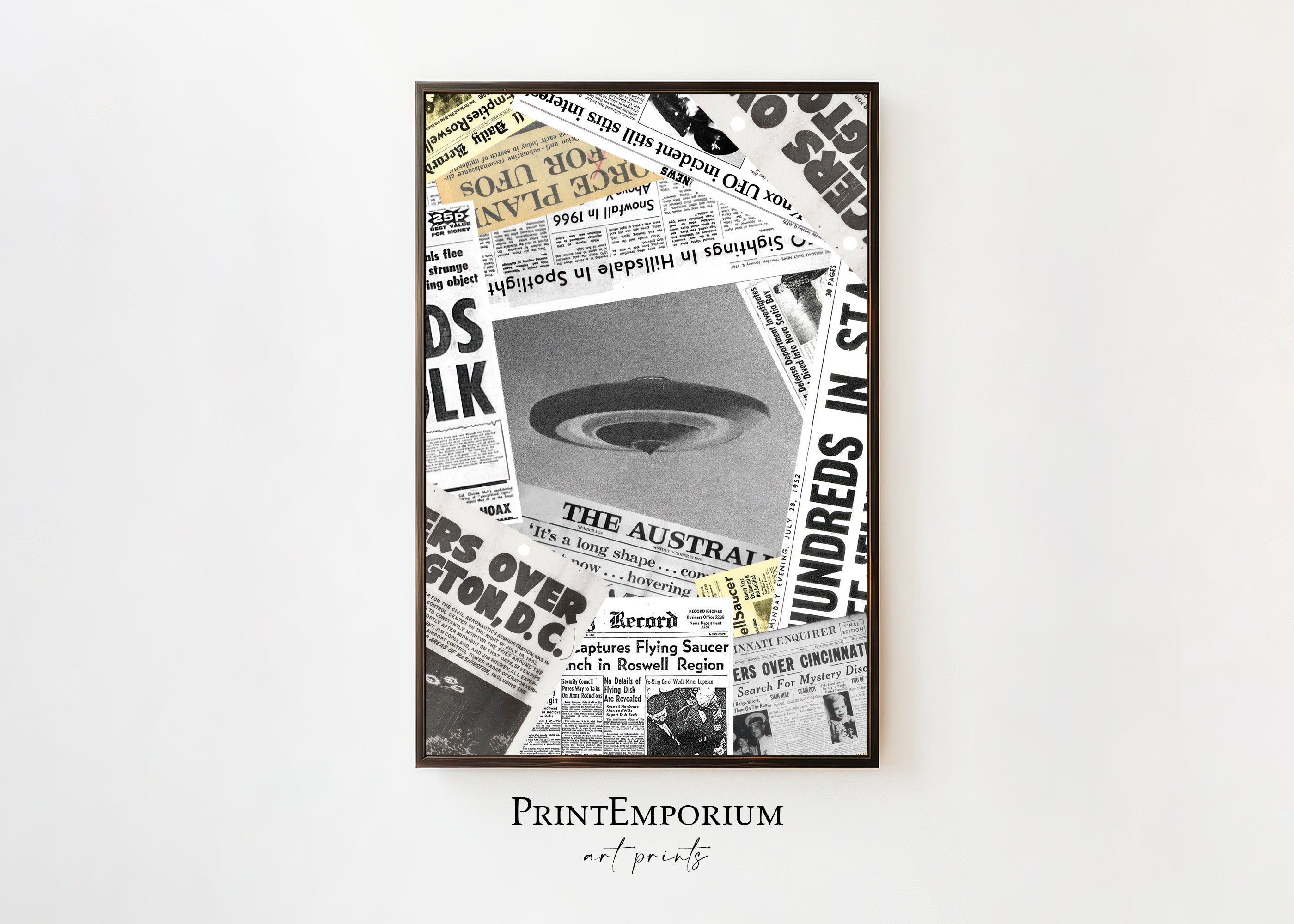 Vintage UFO Newspaper Poster, Alien Sightings Wall Art
