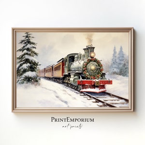 Christmas Wall Decor Train Printable Painting, Rustic Christmas Art Print, Vintage Winter Landscape Painting, Holidays Xmas Wall Art Decor