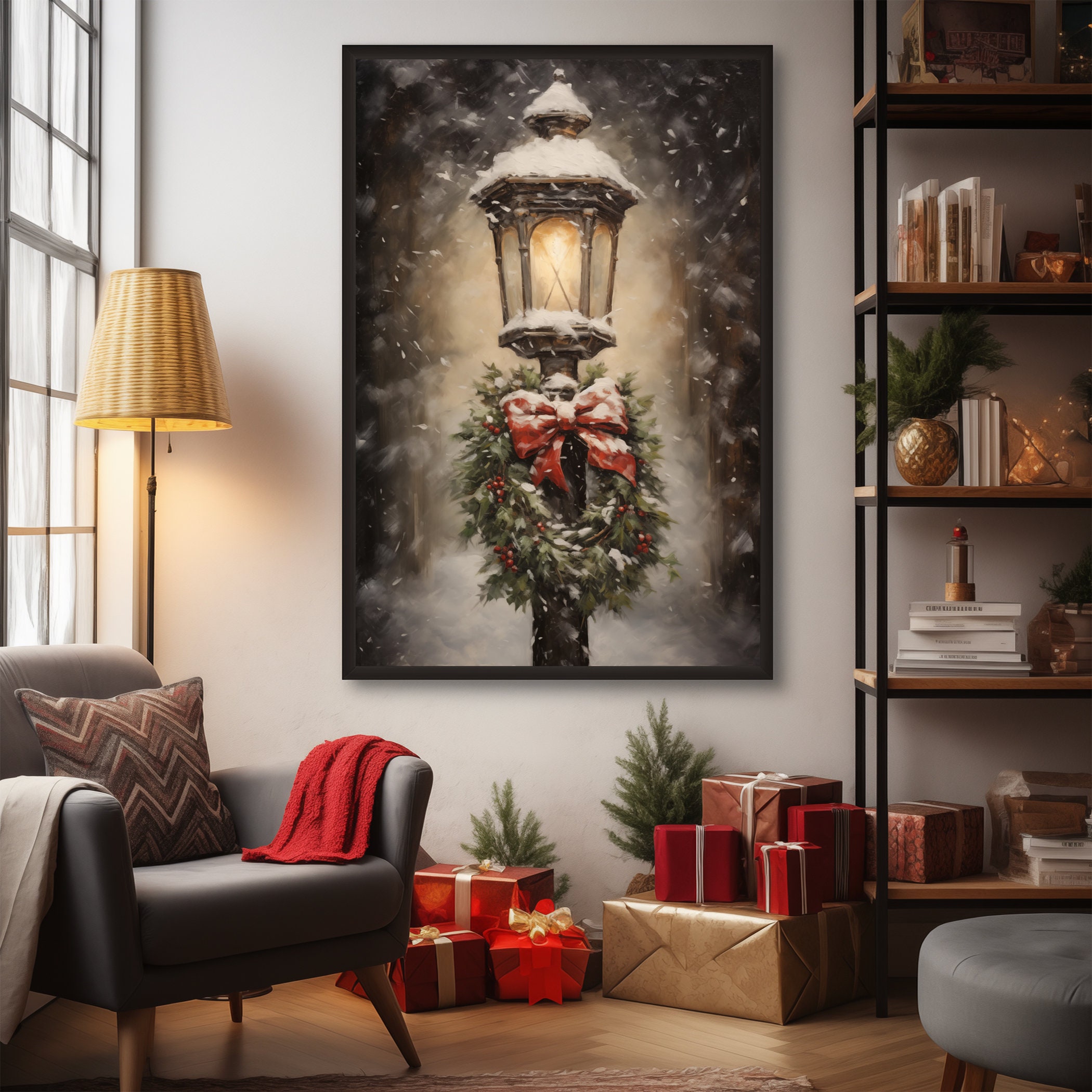 Christmas Wall Decor Printable Christmas Lamp Painting, Festive Xmas