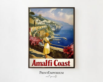 Retro Amalfi Travel Poster, Vintage Italian Coastline Print, Nostalgic Mediterranean Travel Art, European Coastal Wall Decor, PRINTABLE Art