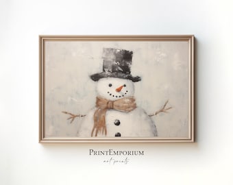 Christmas Wall Decor Snowman Painting, Printable Xmas Wall Art, Rustic Christmas Art, Vintage Xmas Holiday Art, Digital Download Snowman Art
