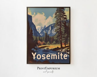 Vintage Yosemite Art Print | Retro National Park Travel Poster | American Wilderness Rustic Wall Art | Nature Landscape Poster | Travel Gift
