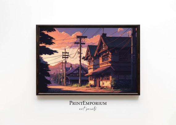Suburb Streets At Sunset Painting, Anime Sunset Print, Anime Poster, Suburb Landscape, Living Room Decor, Anime Art, Anime Art Print