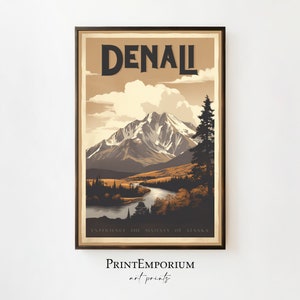Denali National Park Travel Poster, Vintage Travel Poster, Denali National Park, Alaska Mountain Art, Office Decor, Alaska Poster, Large Art