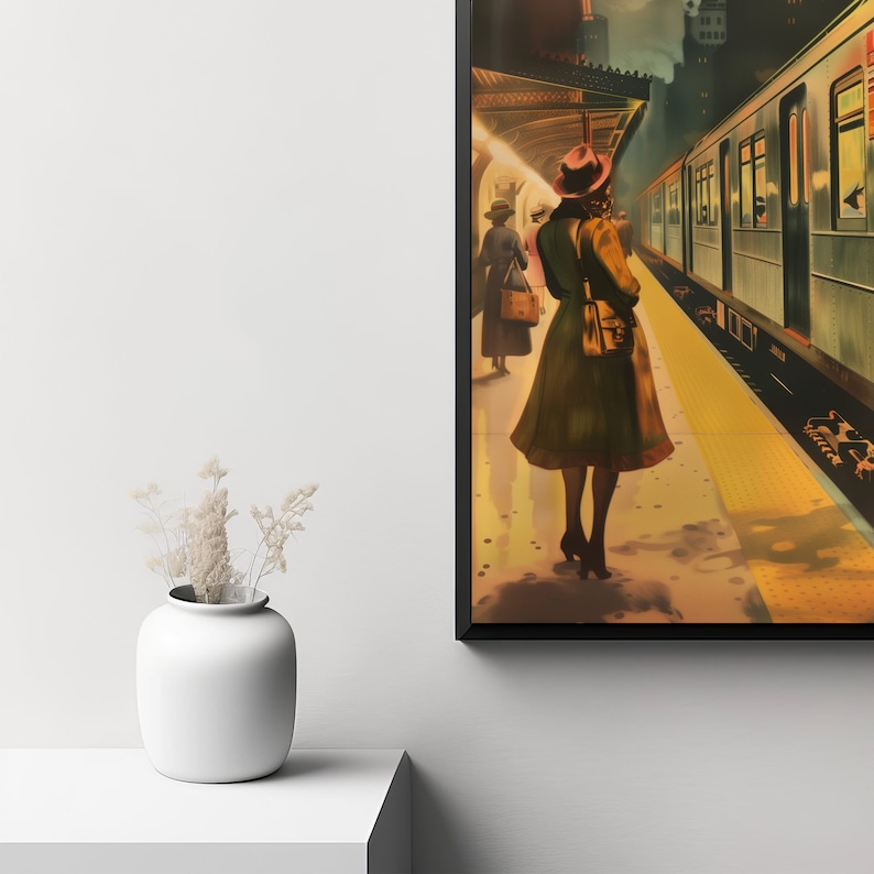 May include: A framed painting of a woman in a green coat and a red hat standing on a train platform. The train is in the background and the platform is yellow.