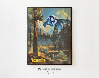 Plakat Parku Narodowego Yosemite | Sztuka podróżnicza w stylu vintage | Plakat retro z Kalifornii | Dekoracja ścienna z lat 50. XX wieku | CYFROWE POBIERANIE DRUKU
