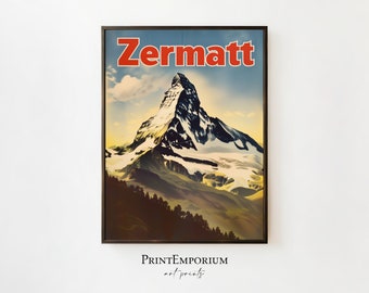 Zermatt Matterhorn Print | Vintage Travel Poster | Retro Wall Art | Swiss Alps Decor | DIGITAL DOWNLOAD | PRINTABLE Art | Large Wall Art