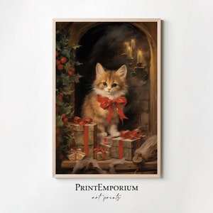 Leuk kerstkatje schilderij, afdrukbare kerstmuurkunst, rustieke kerstkunst, vintage kerstvakantiedecor, feestelijke wintermuurkunst
