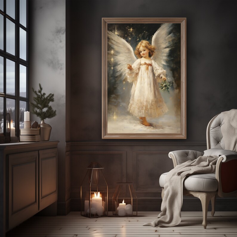 May include: A framed painting of an angel with white wings and a white dress, standing in a snowy forest with stars in the background.