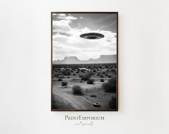 UFO Poster, Large UFO Wall Art, Large Framed Art, Home Decor, Trippy Wall Art, UFO Spaceship Artwork, Living Room Decor, Large Art Print
