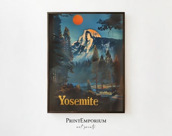 Plakat Vintage Yosemite National Park | Plakat podróżniczy Retro | Wydruk Half Dome | Sztuka ścienna w Kalifornii | Duży DO DRUKU POBIERZ