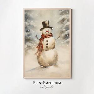 Süße Weihnachten Schneemann Gemälde, druckbare Weihnachtswandkunst, rustikale Weihnachtskunst, Vintage Weihnachten Urlaub Kunst, digitaler Download Schneemann Druck