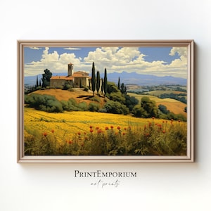 Italian Landscape Painting | Vintage European Countryside Print | Tuscany Wall Art | Rustic Villa Decor | Large Wall Art | Framed Painting