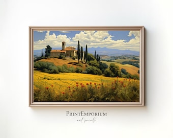 Italian Landscape Painting | Vintage European Countryside Print | Tuscany Wall Art | Rustic Villa Decor | Large Wall Art | Framed Painting
