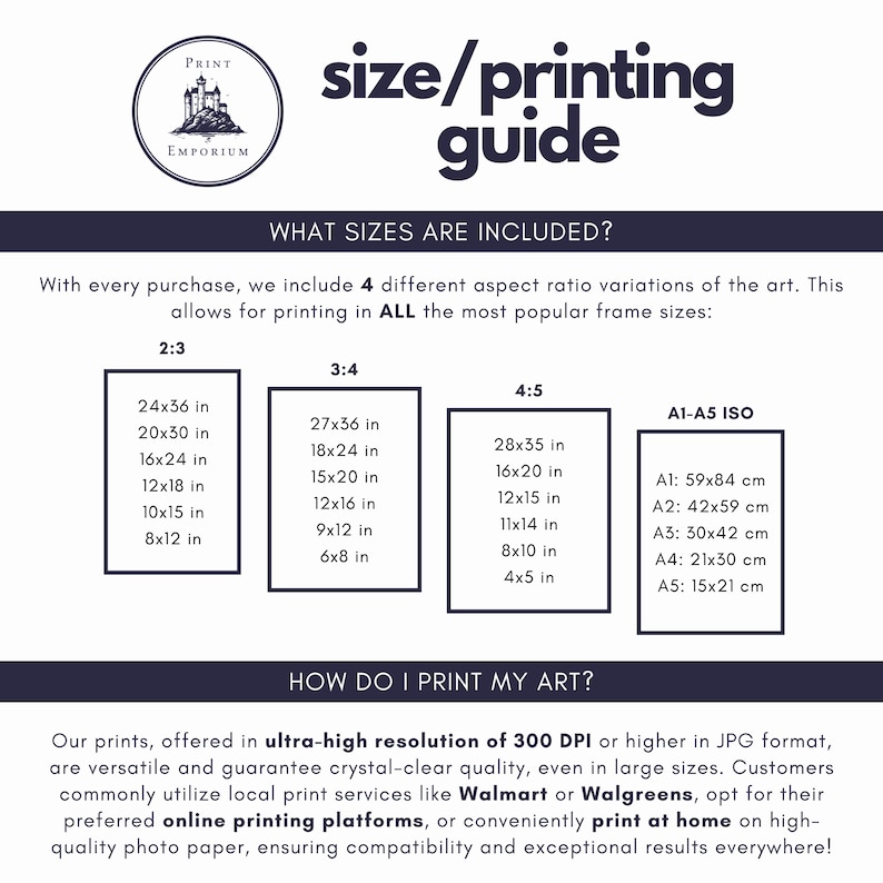 Puede incluir: Una gu&iacute;a para imprimir arte en diferentes tama&ntilde;os y proporciones. La gu&iacute;a incluye una lista de tama&ntilde;os de impresi&oacute;n comunes en pulgadas y cent&iacute;metros, as&iacute; como informaci&oacute;n sobre la resoluci&oacute;n y la calidad de impresi&oacute;n. El texto incluye las palabras "Print Emporium", "size/printing guide", "&iquest;Qu&eacute; tama&ntilde;os est&aacute;n incluidos?", "&iquest;C&oacute;mo imprimo mi arte?", "resoluci&oacute;n ultra alta de 300 DPI", "Walmart", "Walgreens", "plataformas de impresi&oacute;n en l&iacute;nea", y "imprimir en casa".