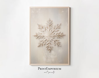Christmas Decor Snowflake Painting, Printable Xmas Wall Art, Rustic Christmas Art, Vintage Xmas Holiday Art, Digital Download Snowflake Art