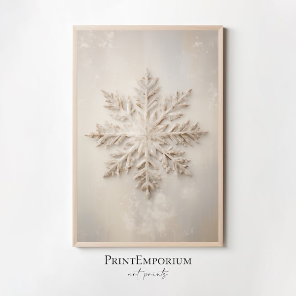 Christmas Decor Snowflake Painting, Printable Xmas Wall Art, Rustic Christmas Art, Vintage Xmas Holiday Art, Digital Download Snowflake Art