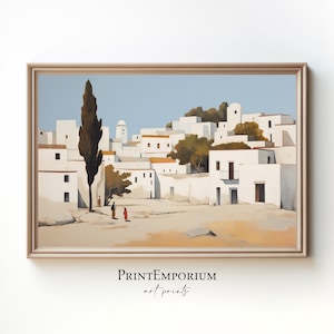 Vintage Mediterranean Village Painting | PRINTABLE Coastal Decor | Greek Architecture Print | European Town Wall Art | Digital Download
