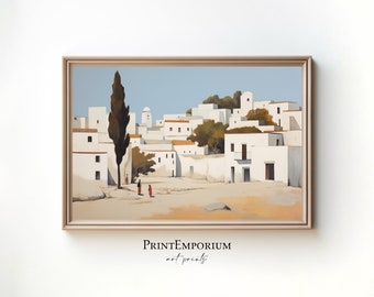 Vintage Mediterranean Village Painting | PRINTABLE Coastal Decor | Greek Architecture Print | European Town Wall Art | Digital Download