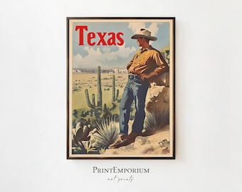 Vintage Texas Travel Poster | Western Cowboy Print | Southwestern Desert Art | Rustic Old West Ranch Decor | PRINTABLE Digital Download