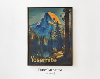 Plakat Vintage Yosemite National Park | Plakat podróżniczy Retro | Wydruk Half Dome | Sztuka ścienna w Kalifornii | Duży DO DRUKU POBIERZ