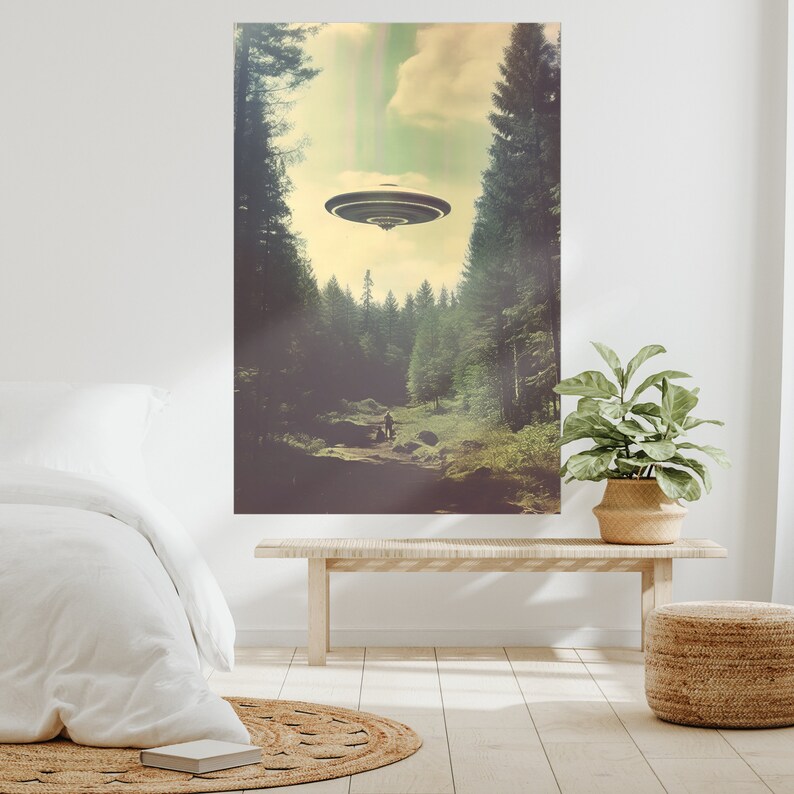 UFO Poster, große UFO Wand, große gerahmte Kunst, Wohnkultur, Trippy Wandkunst, UFO Raumschiff Kunstwerk, Wohnzimmer Dekor, großer Kunstdruck Bild 6