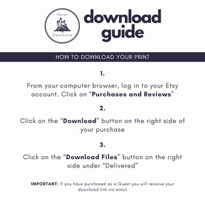 Puede incluir: Un gr&aacute;fico blanco y negro con el texto "download guide" e instrucciones sobre c&oacute;mo descargar una compra digital de Etsy. Las instrucciones incluyen iniciar sesi&oacute;n en tu cuenta de Etsy, hacer clic en "Purchases and Reviews", hacer clic en el bot&oacute;n "Download" y hacer clic en el bot&oacute;n "Download Files".